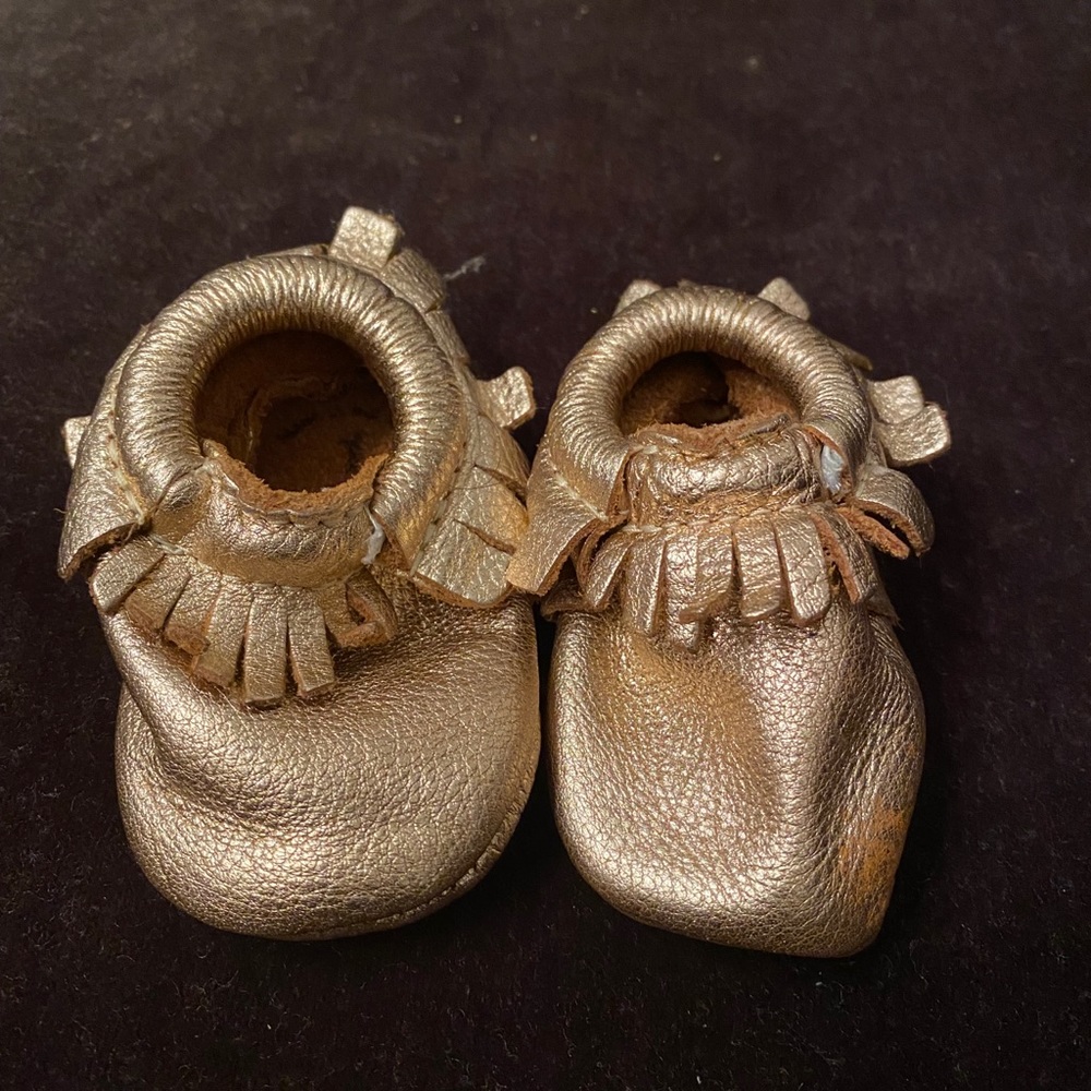 Freshly picked rose gold leather baby moccasins